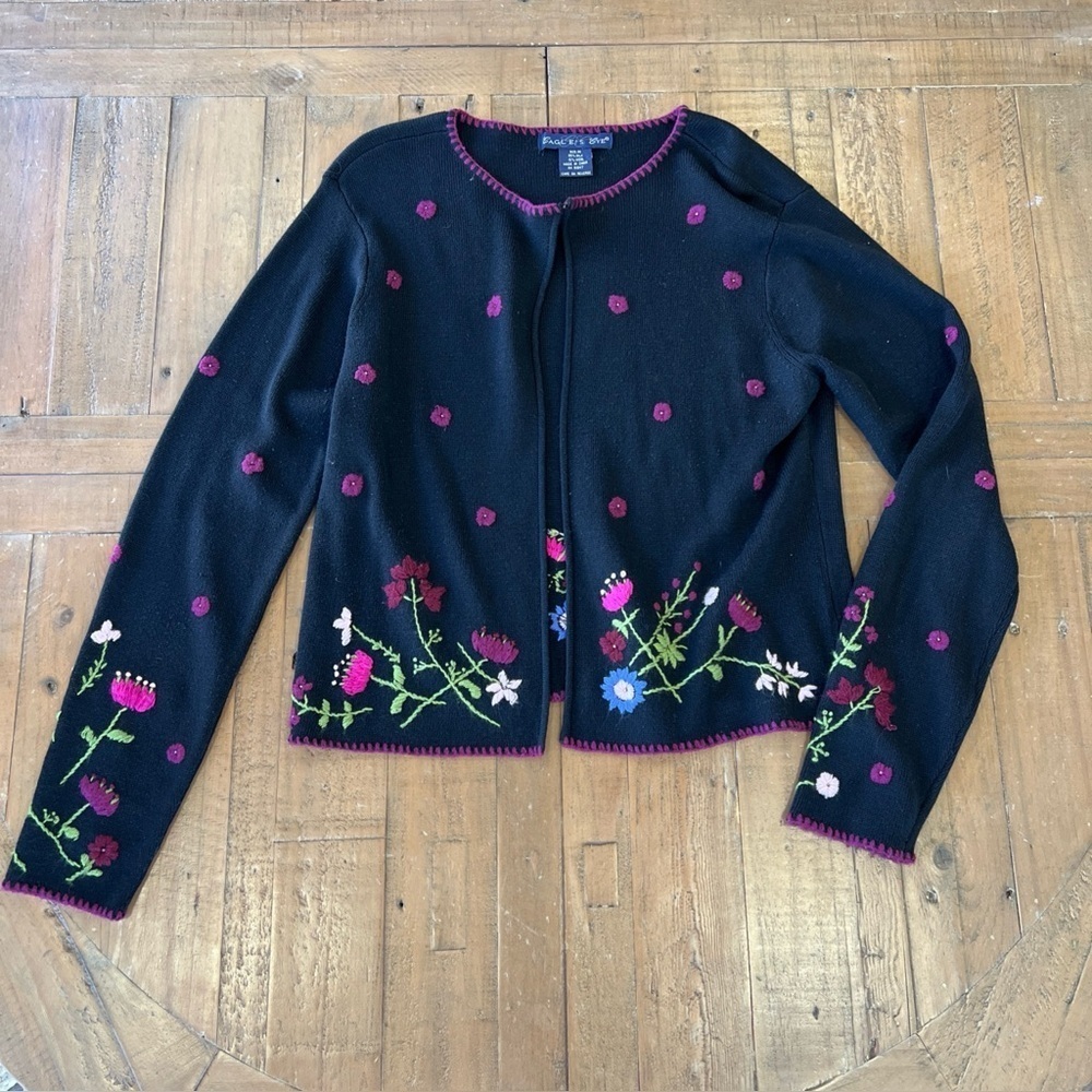 Eagles Eye Floral Embroidered Silk Wool Cardigan Sweater Medium Open Y2K